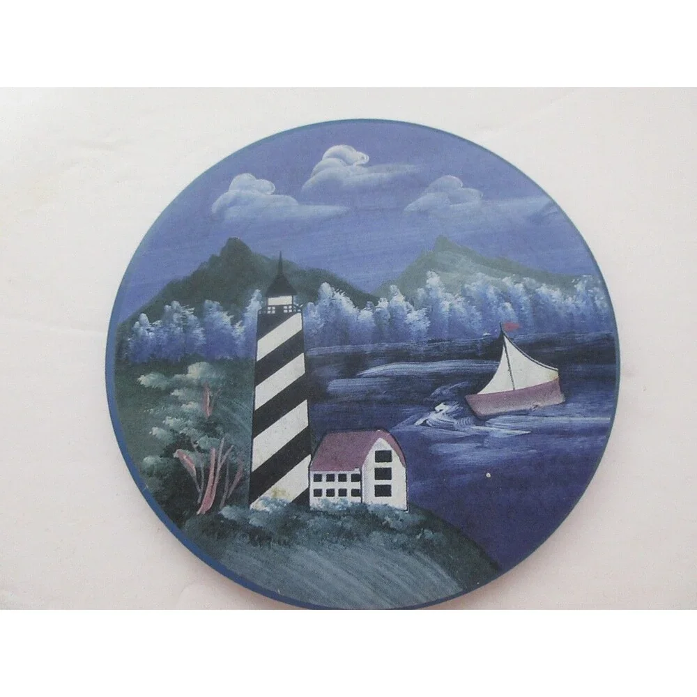 Set of 4 Lighthouse Theme Coasters in Ceramic Holder Beach House Ocean